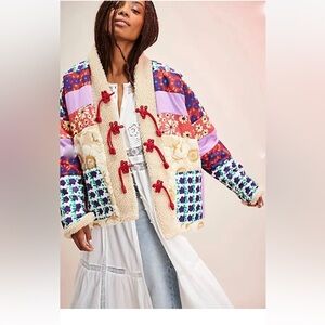 Free People CeliaB Yuyuan Coat Puffer Mixed Prints Faux Fur Lined Tan Red